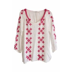 JohnPaulRichard Pink & White Embroidered Boho Gauze Top – Size Large